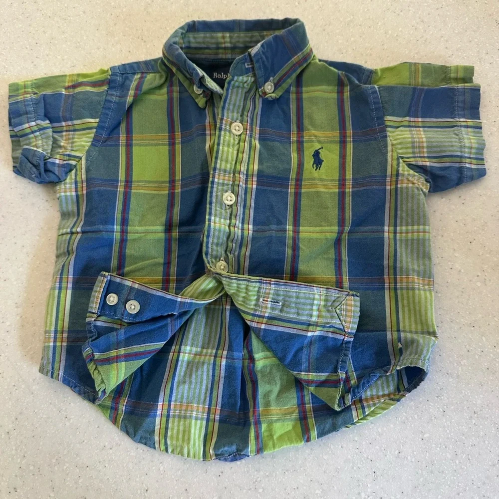 Ralph Lauren Blue & Green Plaid Button Down Shirt. Baby Boy Size 9M. Preppy Cute